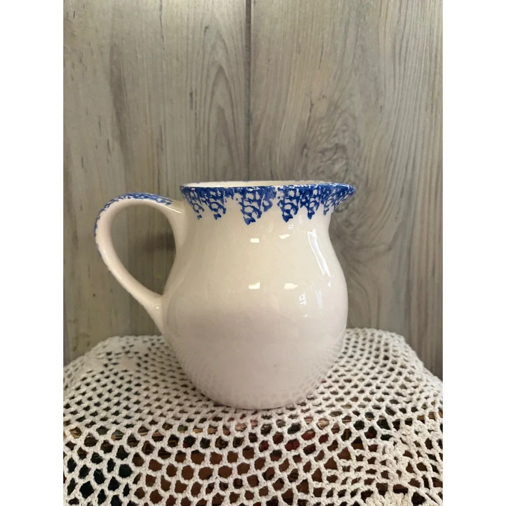 Vintage Style Ceramic Heart Pitcher Blue Sponged Trim Decorative Farmhouse Jug